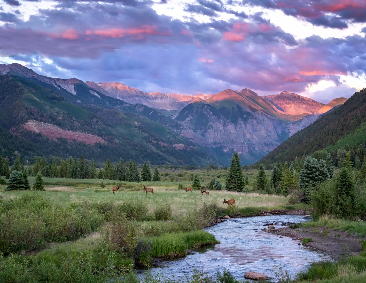 A tranquil scene showing a mountain stream winding through lush greenery, with majestic peaks in the background and clouds drifting overhead. Wildlife can be spotted near the stream, adding a sense of discovery and natural beauty. The scene is perfect for imagining spring and summer hikes, picnics, and wildlife observation.